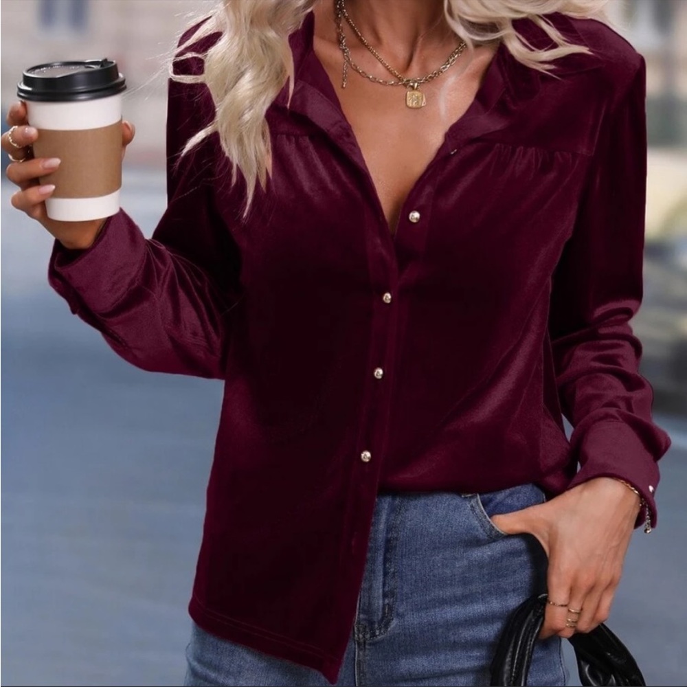 Burgundy Luxe Velvet Button down Oversized Shirt Top S M L XL